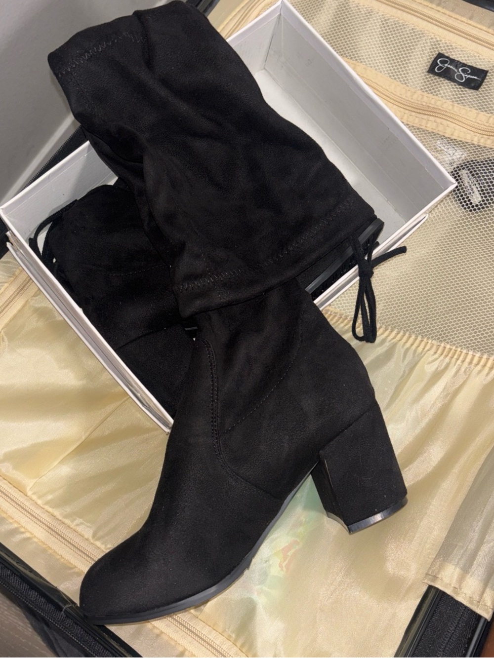 Womens Black high-Calf Block Heel Boots